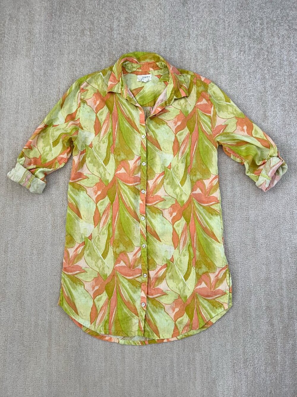 Calypso St. Barth Linen Tropical Leaf Print Button Down Shirt Dress Coverup M